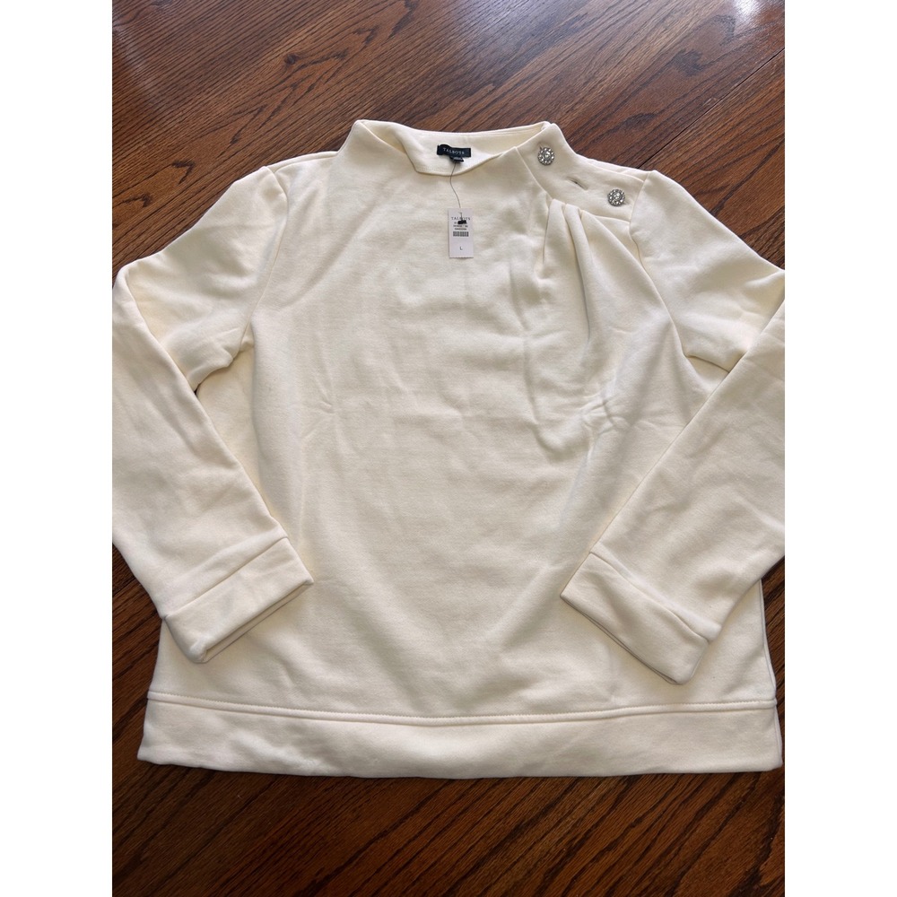 Talbots Ivory Mock Neck Button Shoulder‎ Sweatshirt Rhinestone Accents Womens L